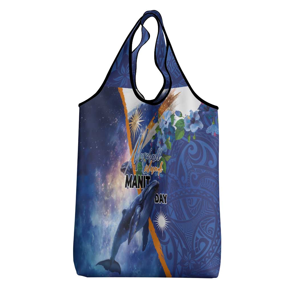 Marshall Islands Manit Day Grocery Bag Grunge National Flag with Whales and Tribal Tattoos - Polynesian Pride