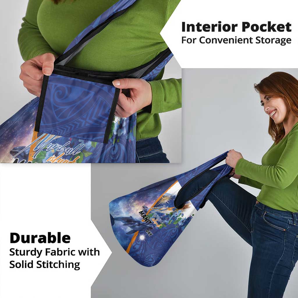 Marshall Islands Manit Day Grocery Bag Grunge National Flag with Whales and Tribal Tattoos - Polynesian Pride