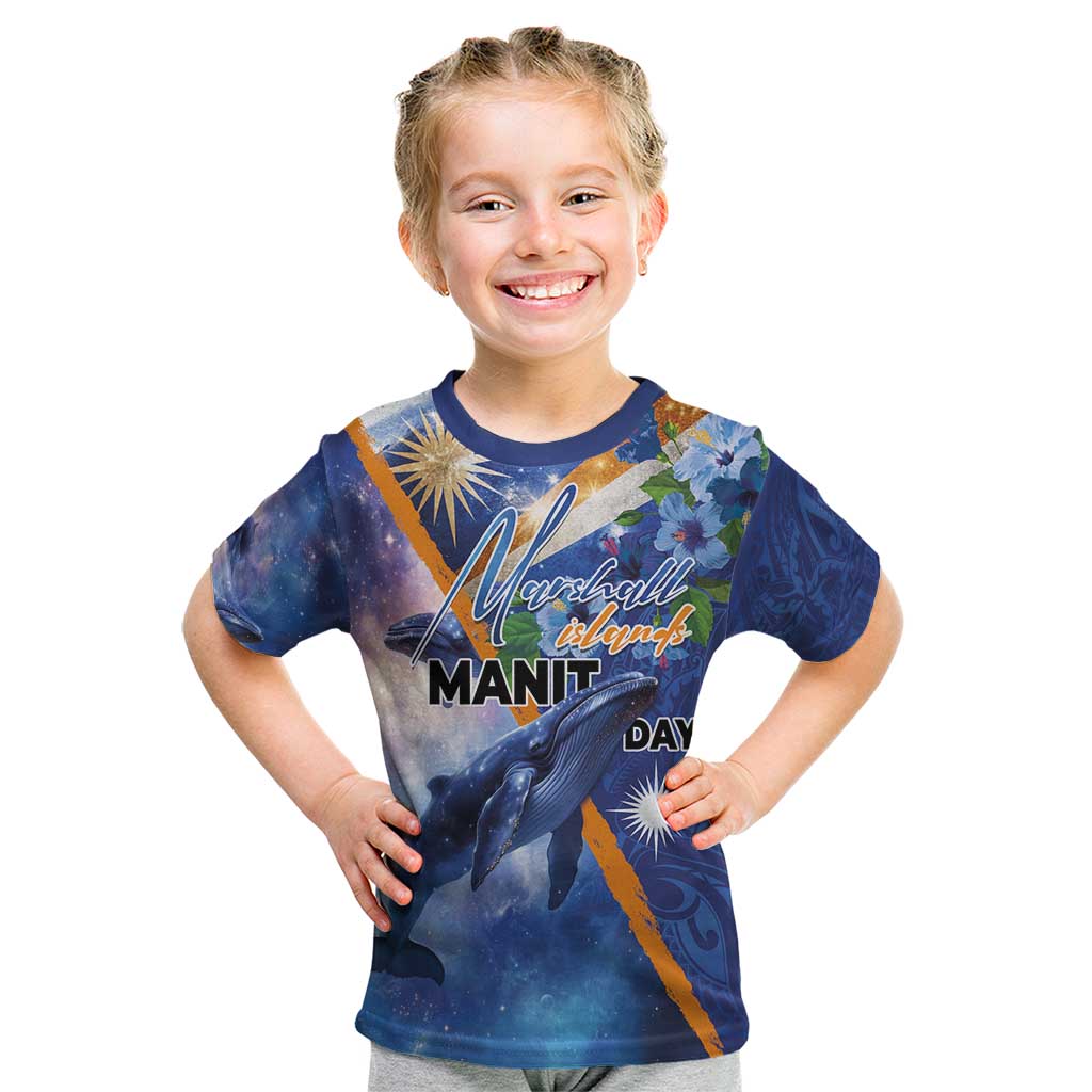 Marshall Islands Manit Day Kid T Shirt Grunge National Flag with Whales and Tribal Tattoos - Polynesian Pride