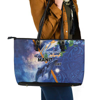 Marshall Islands Manit Day Leather Tote Bag Grunge National Flag with Whales and Tribal Tattoos - Polynesian Pride