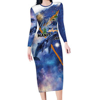 Marshall Islands Manit Day Long Sleeve Bodycon Dress Grunge National Flag with Whales and Tribal Tattoos - Polynesian Pride