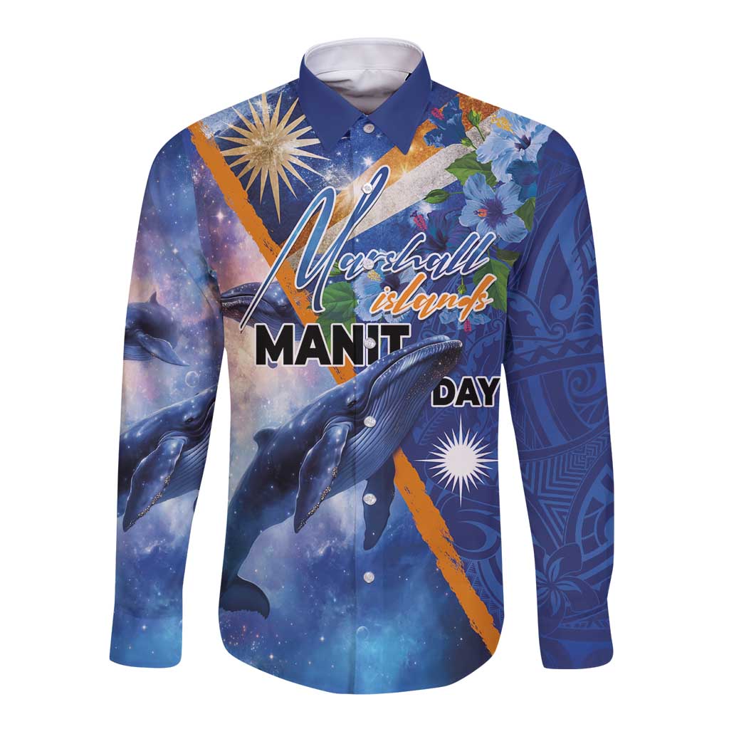 Marshall Islands Manit Day Long Sleeve Button Shirt Grunge National Flag with Whales and Tribal Tattoos - Polynesian Pride