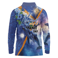 Marshall Islands Manit Day Long Sleeve Polo Shirt Grunge National Flag with Whales and Tribal Tattoos - Polynesian Pride