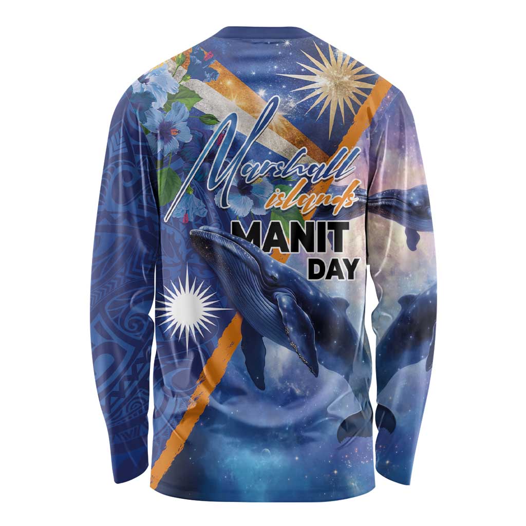 Marshall Islands Manit Day Long Sleeve Shirt Grunge National Flag with Whales and Tribal Tattoos - Polynesian Pride