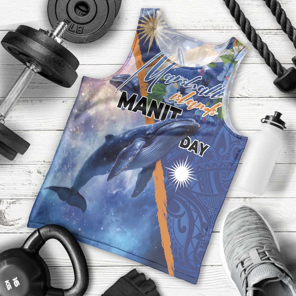 Marshall Islands Manit Day Men Tank Top Grunge National Flag with Whales and Tribal Tattoos - Polynesian Pride