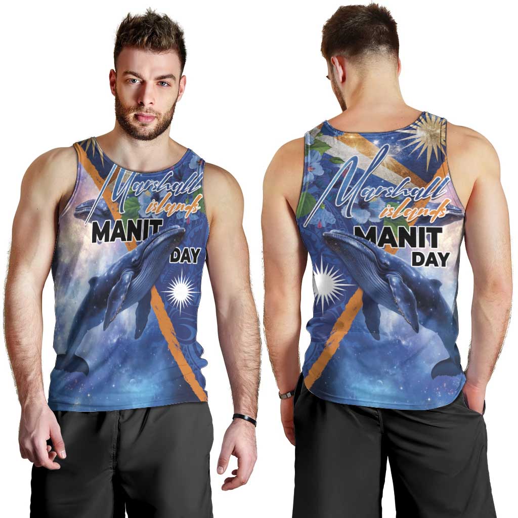 Marshall Islands Manit Day Men Tank Top Grunge National Flag with Whales and Tribal Tattoos - Polynesian Pride