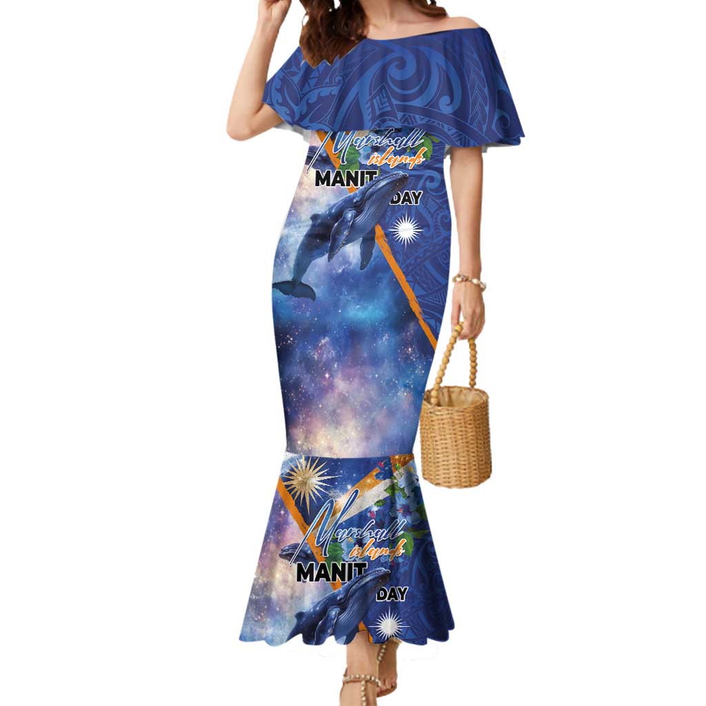 Marshall Islands Manit Day Mermaid Dress Grunge National Flag with Whales and Tribal Tattoos - Polynesian Pride