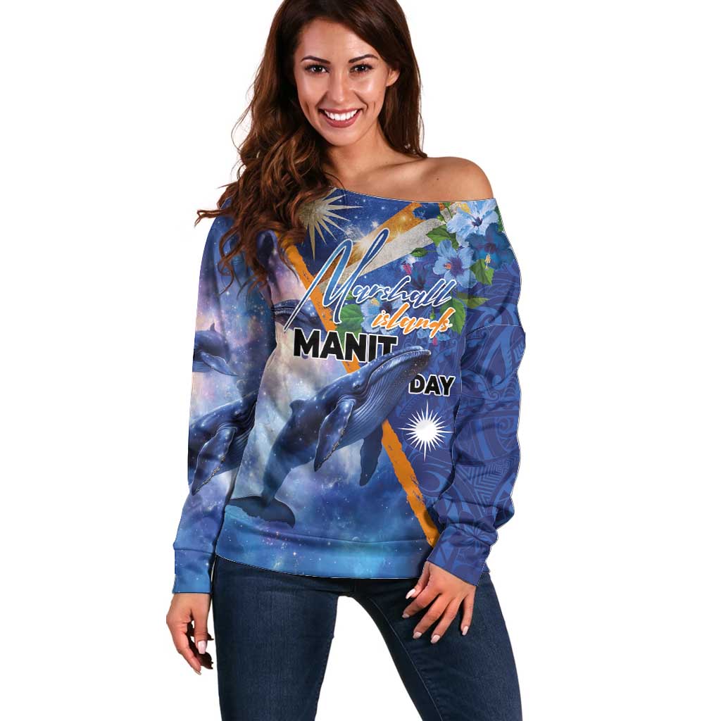 Marshall Islands Manit Day Off Shoulder Sweater Grunge National Flag with Whales and Tribal Tattoos - Polynesian Pride