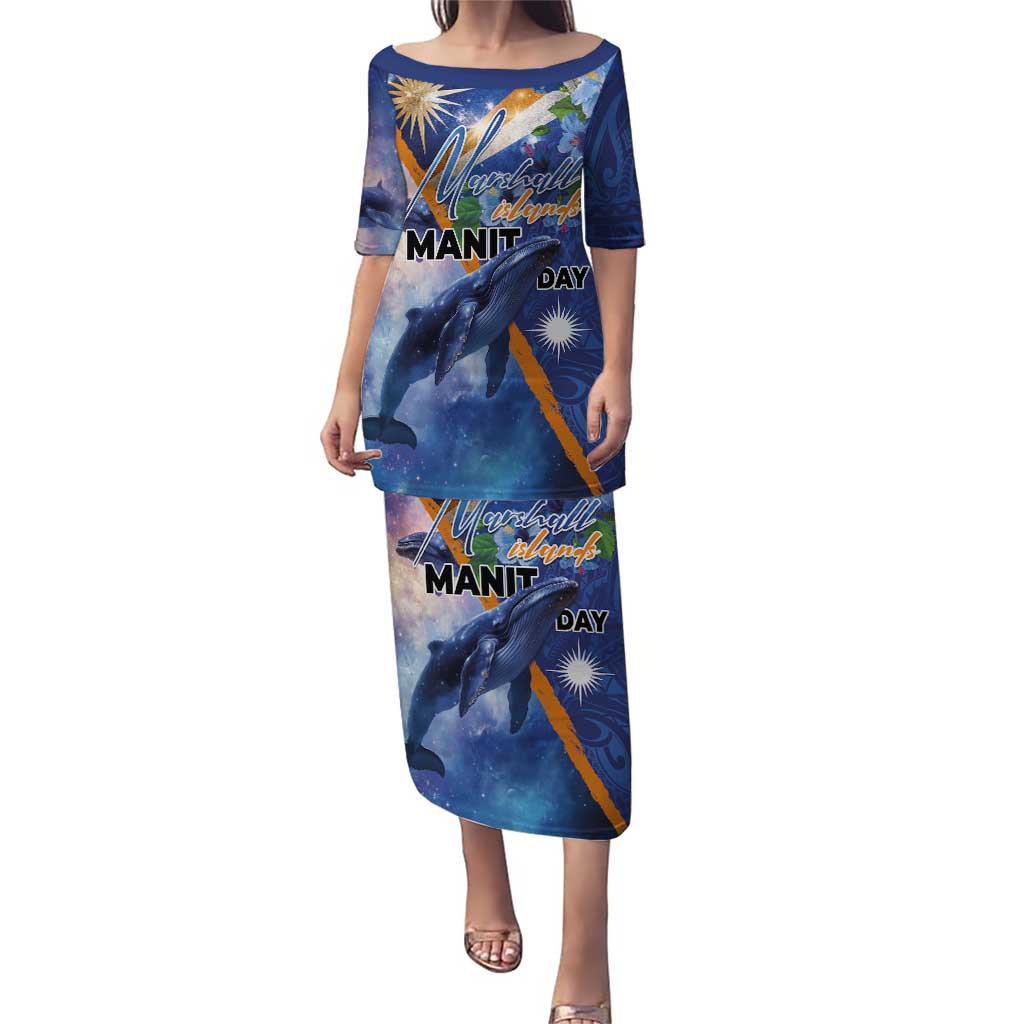 Marshall Islands Manit Day Puletasi Grunge National Flag with Whales and Tribal Tattoos - Polynesian Pride