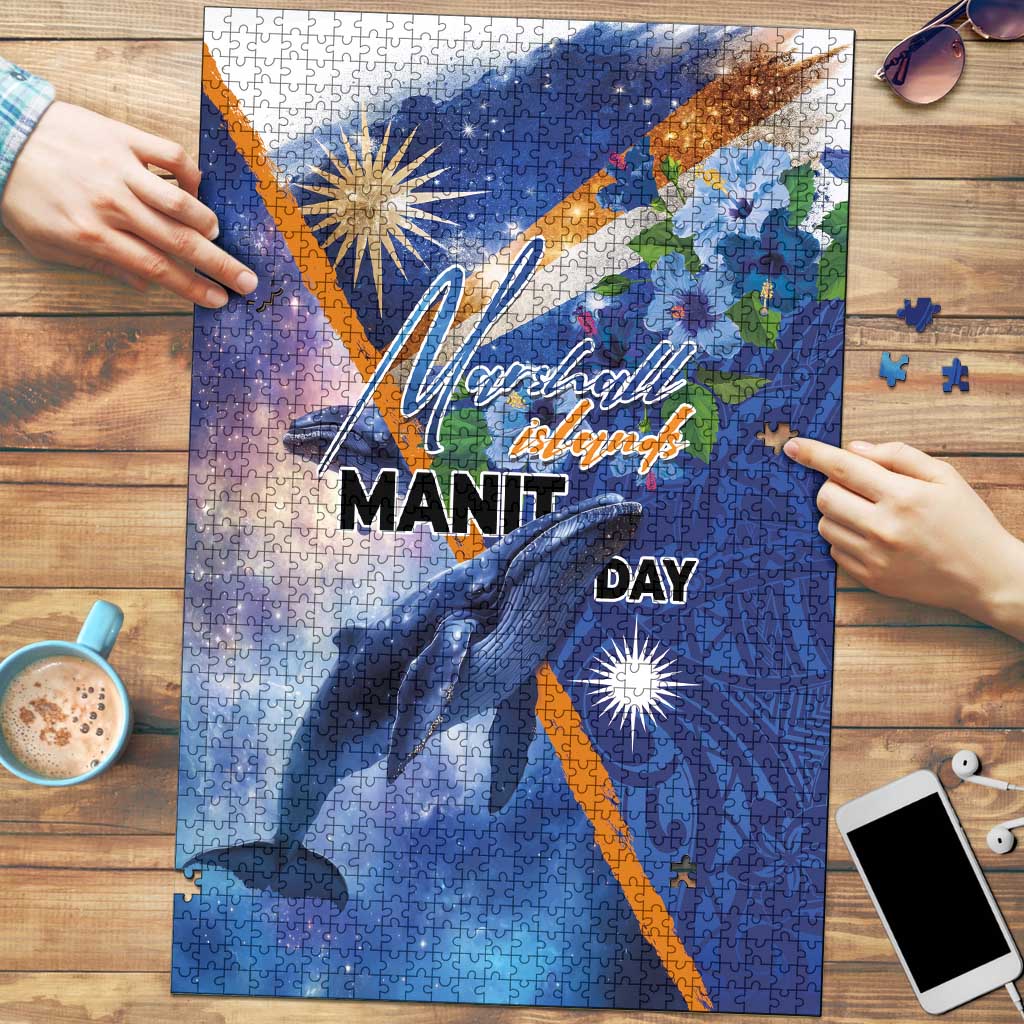 Marshall Islands Manit Day Puzzle Grunge National Flag with Whales and Tribal Tattoos LT03 Blue - Polynesian Pride