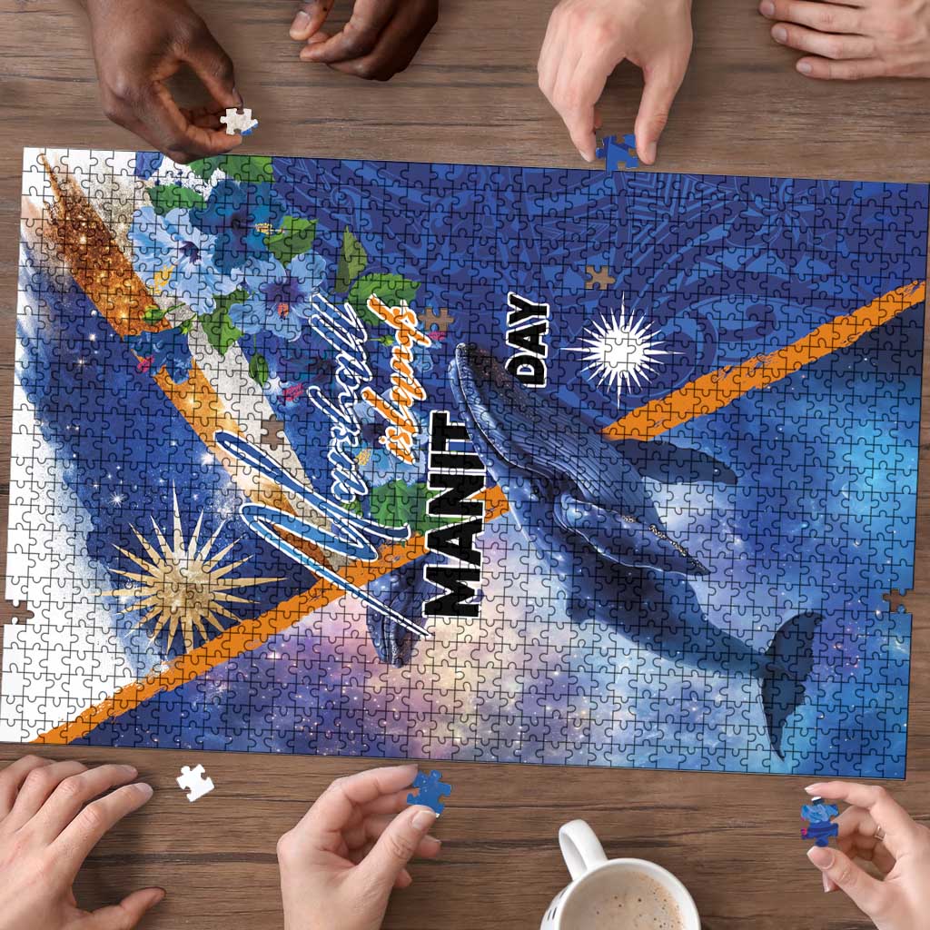 Marshall Islands Manit Day Puzzle Grunge National Flag with Whales and Tribal Tattoos - Polynesian Pride