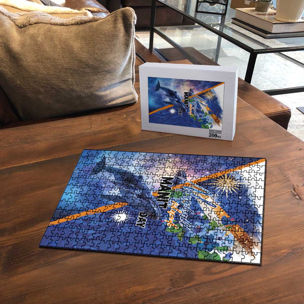 Marshall Islands Manit Day Puzzle Grunge National Flag with Whales and Tribal Tattoos - Polynesian Pride