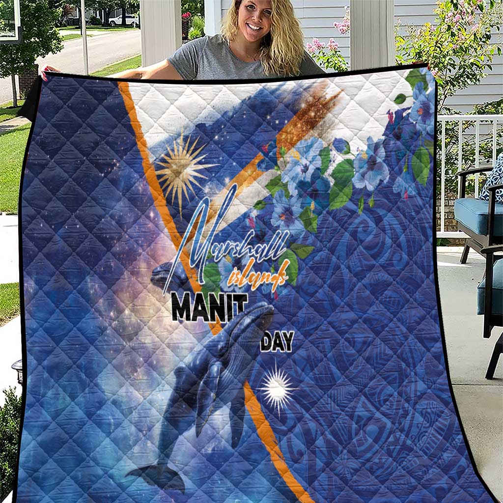 Marshall Islands Manit Day Quilt Grunge National Flag with Whales and Tribal Tattoos LT03 Blue - Polynesian Pride