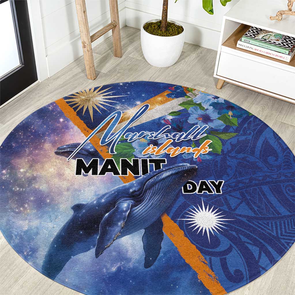 Marshall Islands Manit Day Round Carpet Grunge National Flag with Whales and Tribal Tattoos LT03 Blue - Polynesian Pride