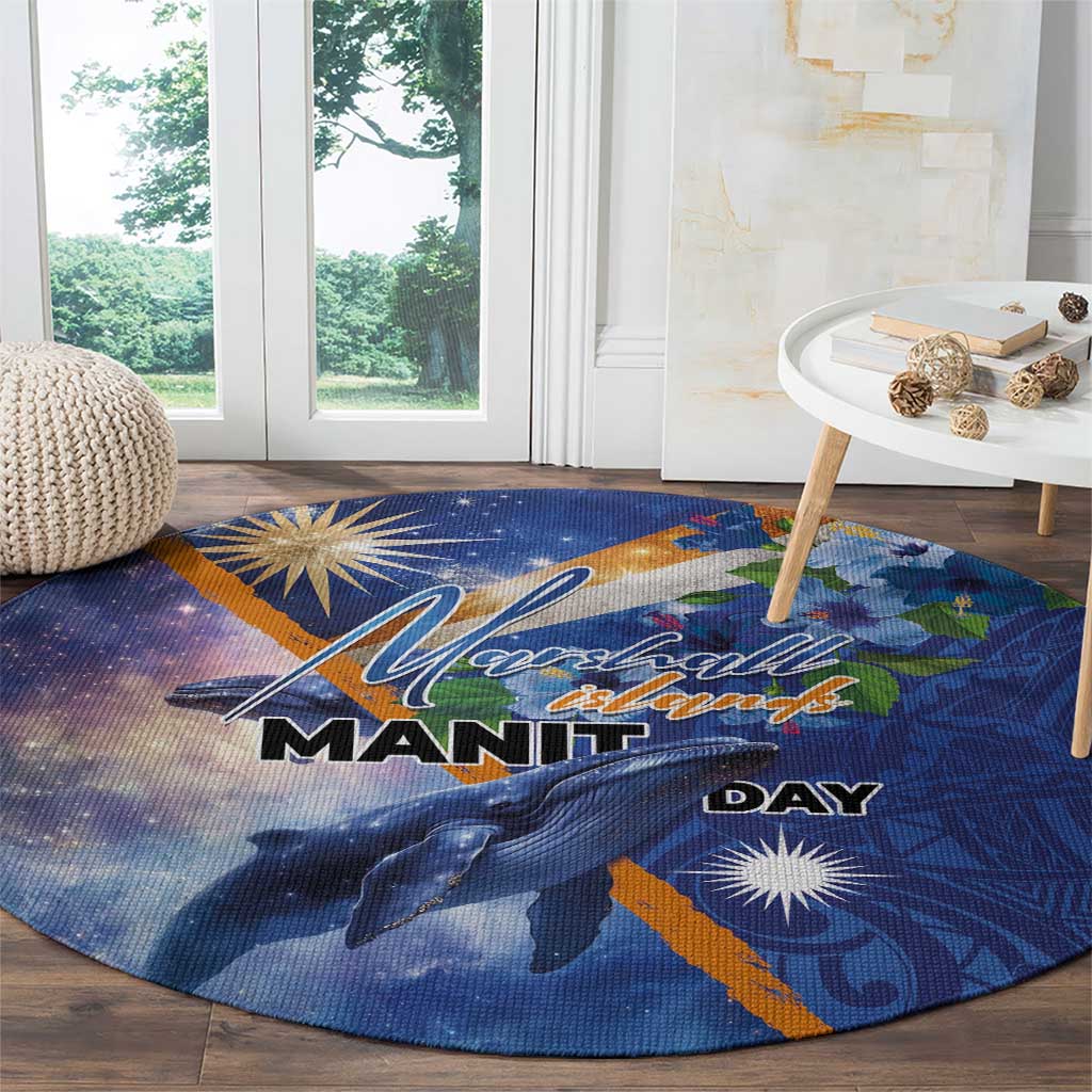 Marshall Islands Manit Day Round Carpet Grunge National Flag with Whales and Tribal Tattoos - Polynesian Pride