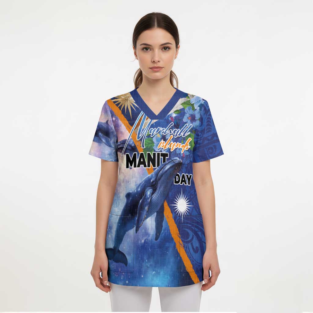 Marshall Islands Manit Day Scrub Top Grunge National Flag with Whales and Tribal Tattoos - Polynesian Pride