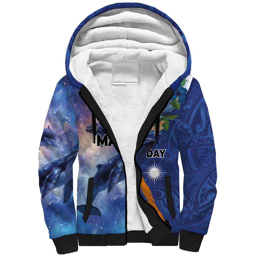 Marshall Islands Manit Day Sherpa Hoodie Grunge National Flag with Whales and Tribal Tattoos - Polynesian Pride