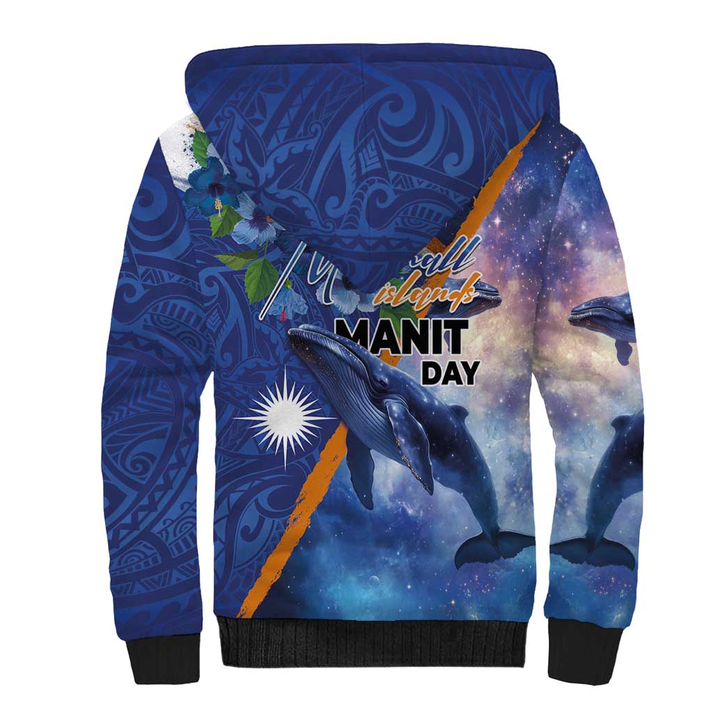 Marshall Islands Manit Day Sherpa Hoodie Grunge National Flag with Whales and Tribal Tattoos - Polynesian Pride