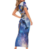 Marshall Islands Manit Day Short Sleeve Bodycon Dress Grunge National Flag with Whales and Tribal Tattoos - Polynesian Pride