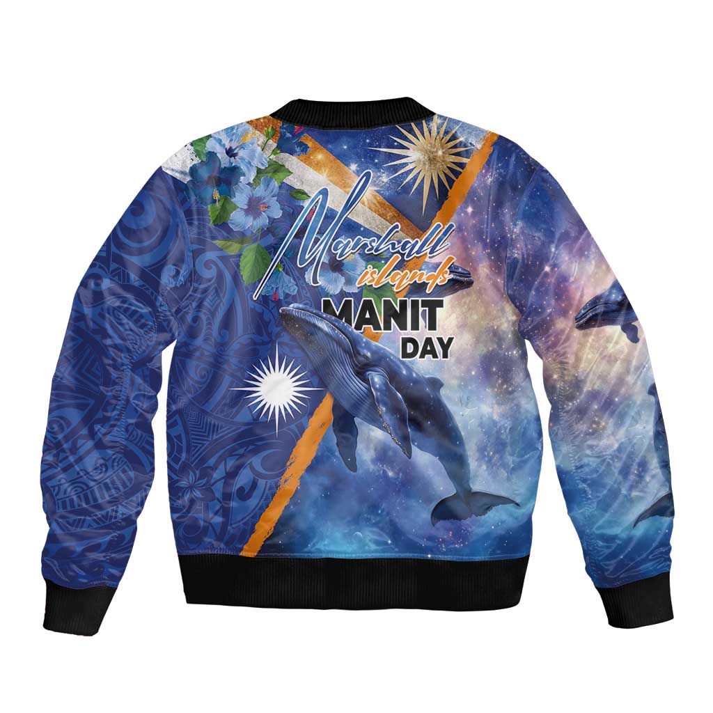 Marshall Islands Manit Day Sleeve Zip Bomber Jacket Grunge National Flag with Whales and Tribal Tattoos - Polynesian Pride