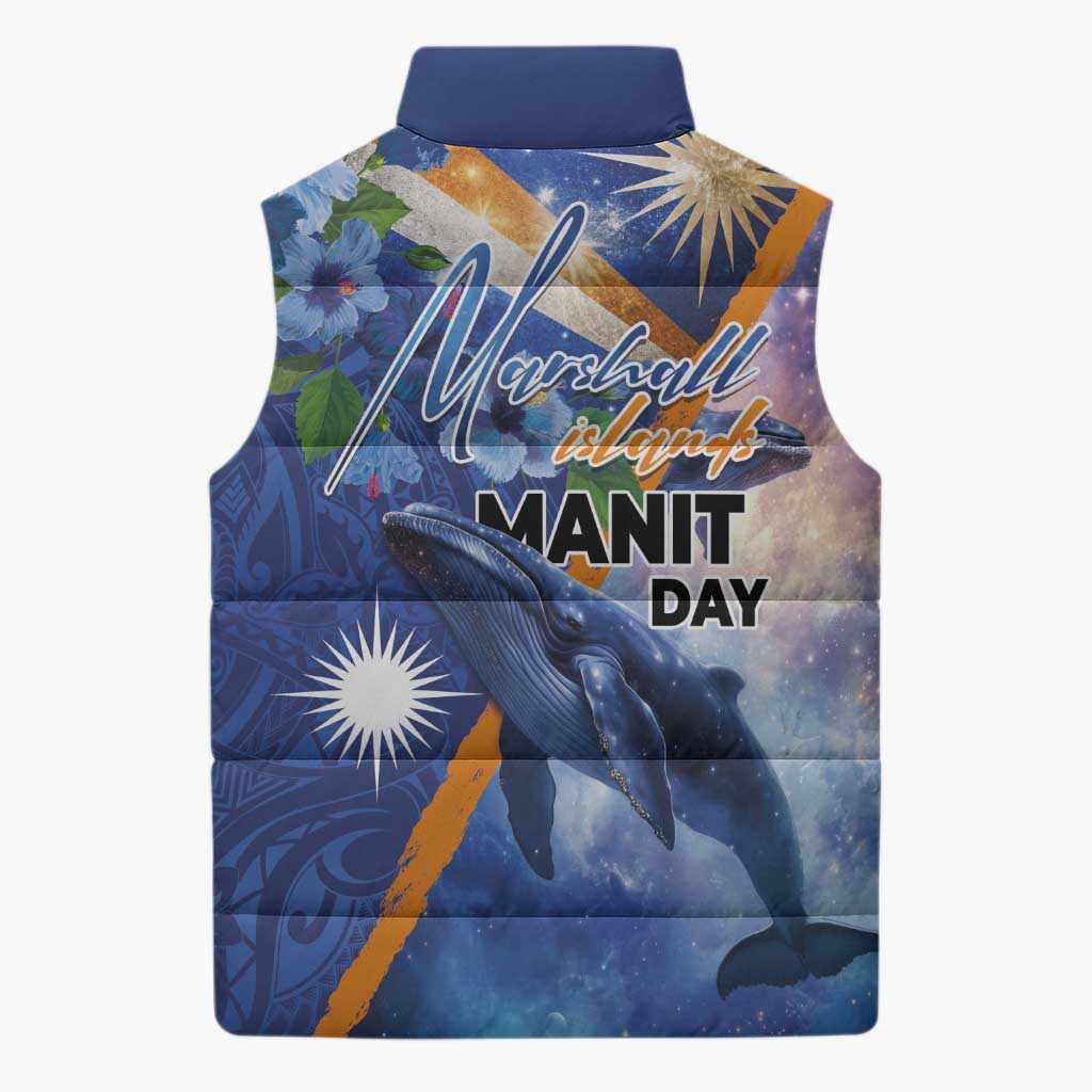 Marshall Islands Manit Day Sleeveless Puffer Jacket Grunge National Flag with Whales and Tribal Tattoos - Polynesian Pride