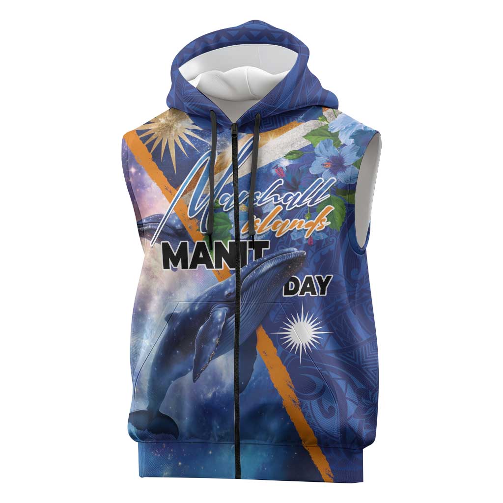 Marshall Islands Manit Day Sleeveless Zip Hoodie Grunge National Flag with Whales and Tribal Tattoos LT03 Blue - Polynesian Pride