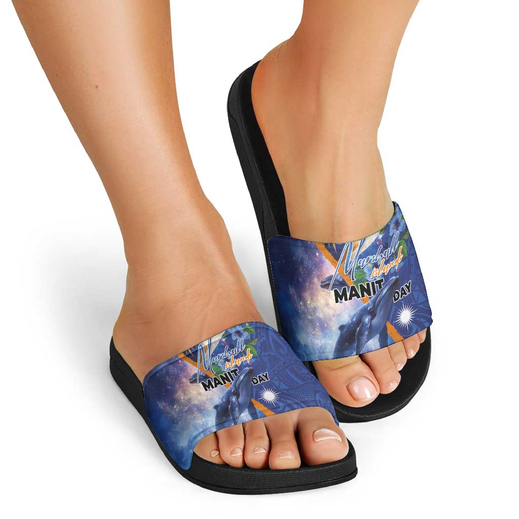 Marshall Islands Manit Day Slide Sandals Grunge National Flag with Whales and Tribal Tattoos LT03 - Polynesian Pride