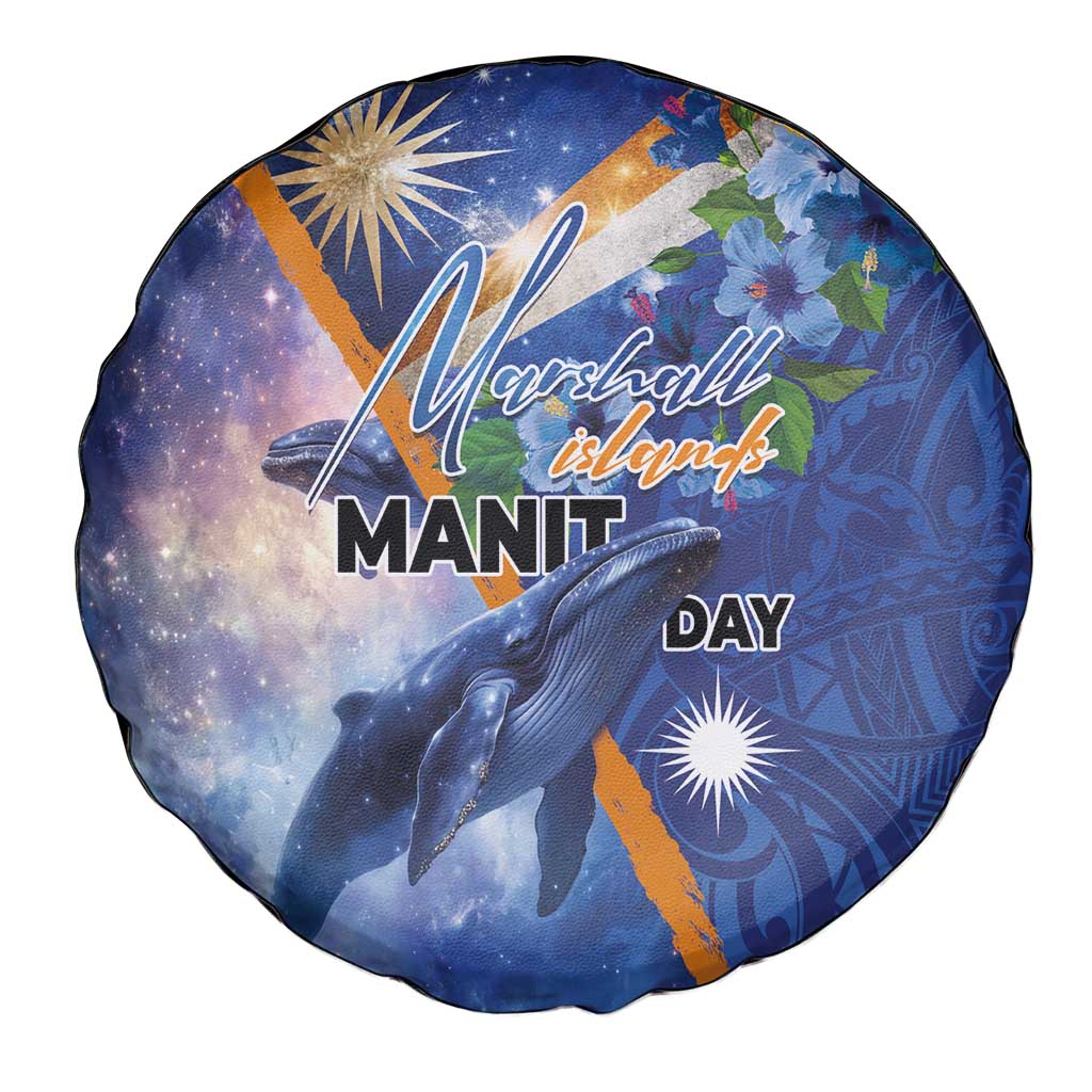 Marshall Islands Manit Day Spare Tire Cover Grunge National Flag with Whales and Tribal Tattoos - Polynesian Pride