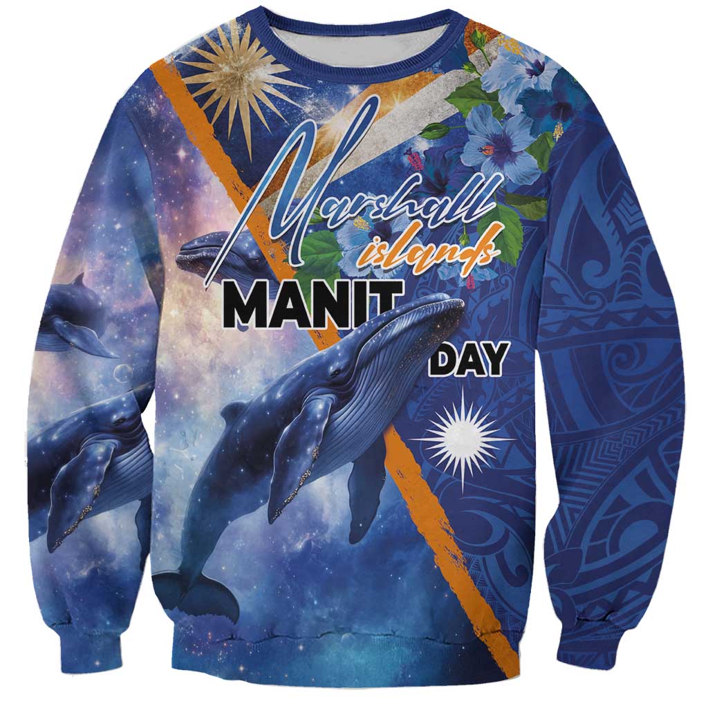 Marshall Islands Manit Day Sweatshirt Grunge National Flag with Whales and Tribal Tattoos LT03 Unisex Blue - Polynesian Pride