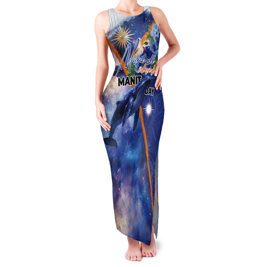 Marshall Islands Manit Day Tank Maxi Dress Grunge National Flag with Whales and Tribal Tattoos - Polynesian Pride