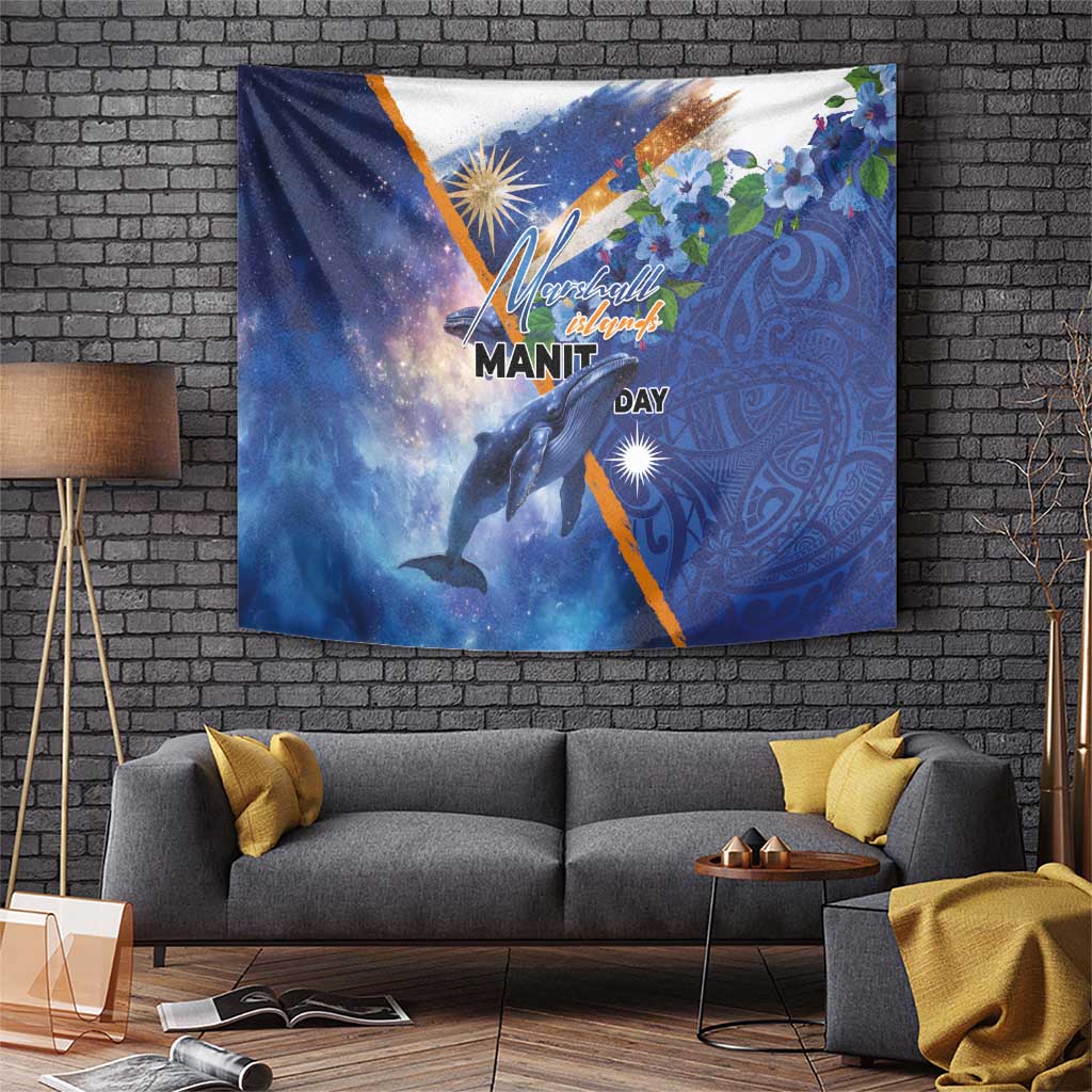 Marshall Islands Manit Day Tapestry Grunge National Flag with Whales and Tribal Tattoos LT03 Blue - Polynesian Pride