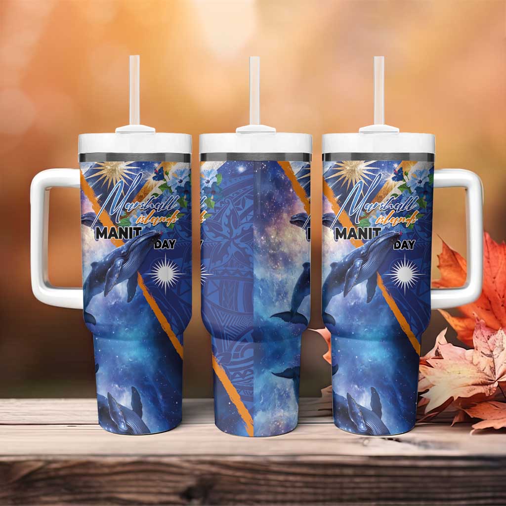 Marshall Islands Manit Day Tumbler With Handle Grunge National Flag with Whales and Tribal Tattoos - Polynesian Pride
