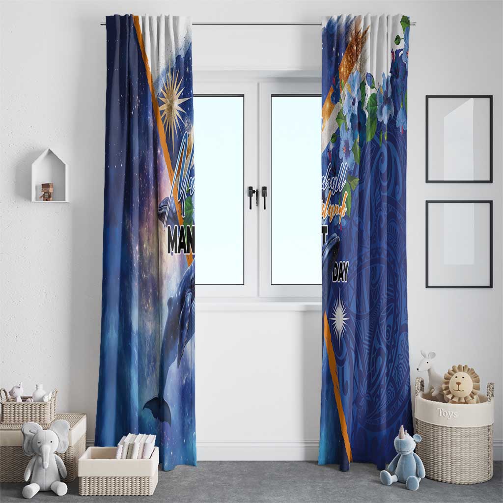 Marshall Islands Manit Day Window Curtain Grunge National Flag with Whales and Tribal Tattoos - Polynesian Pride