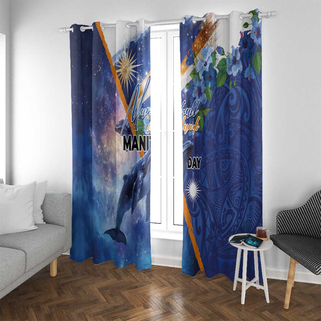 Marshall Islands Manit Day Window Curtain Grunge National Flag with Whales and Tribal Tattoos - Polynesian Pride