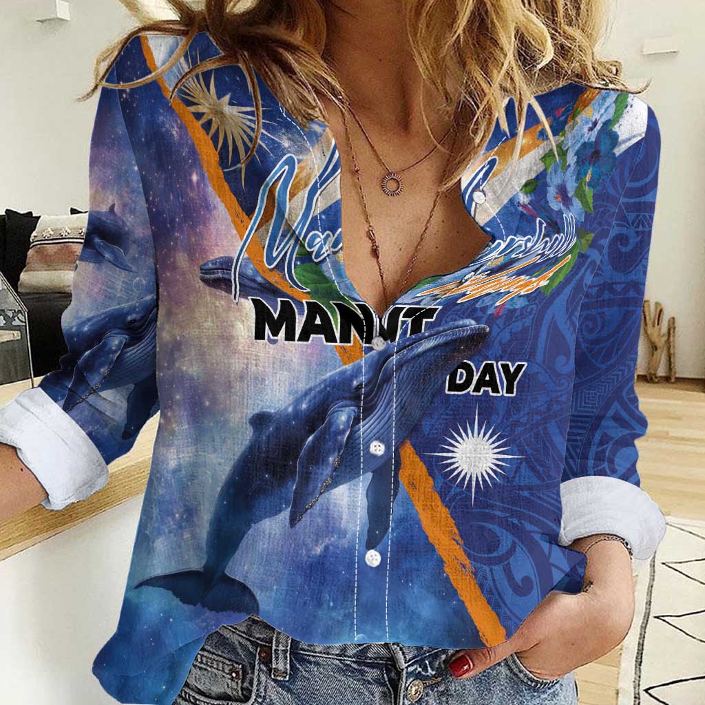 Marshall Islands Manit Day Women Casual Shirt Grunge National Flag with Whales and Tribal Tattoos - Polynesian Pride