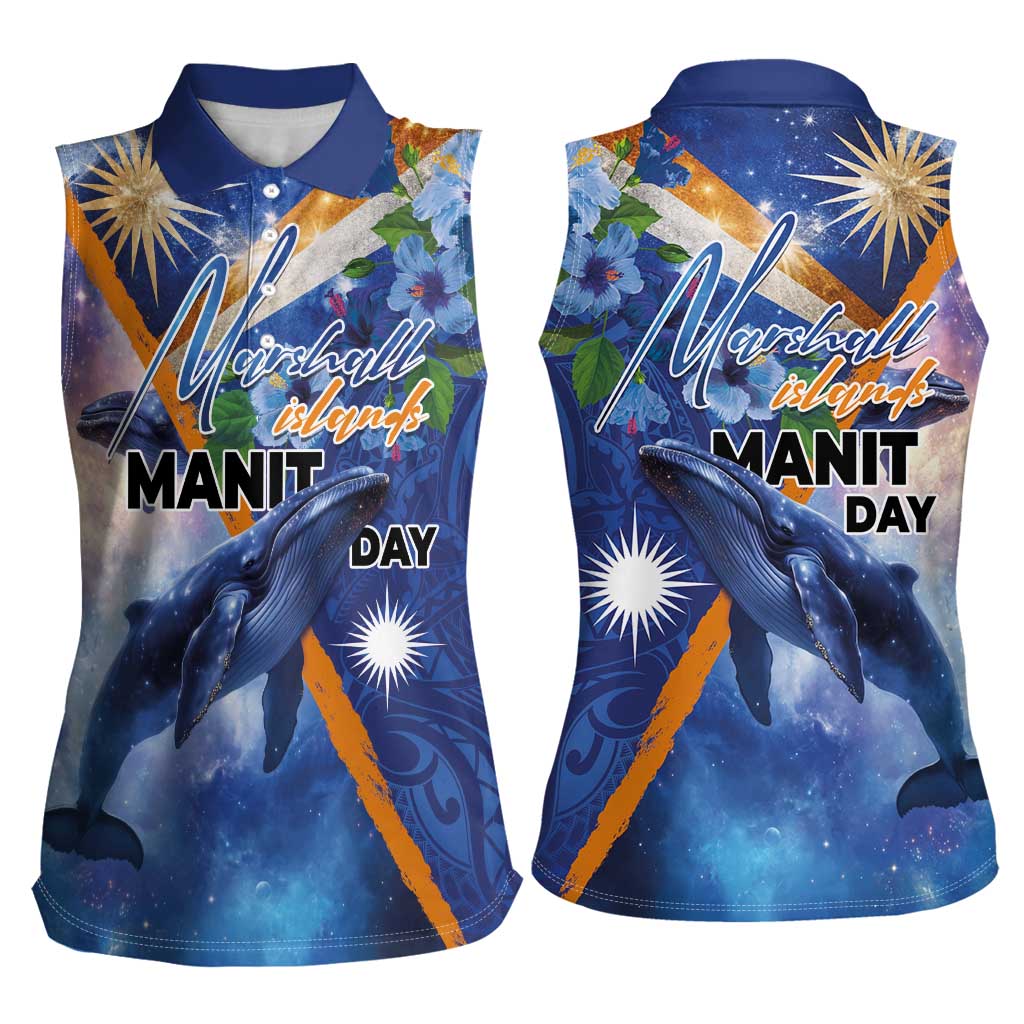 Marshall Islands Manit Day Women Sleeveless Polo Shirt Grunge National Flag with Whales and Tribal Tattoos - Polynesian Pride