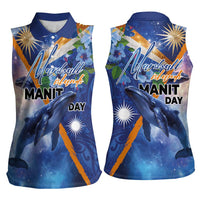 Marshall Islands Manit Day Women Sleeveless Polo Shirt Grunge National Flag with Whales and Tribal Tattoos - Polynesian Pride