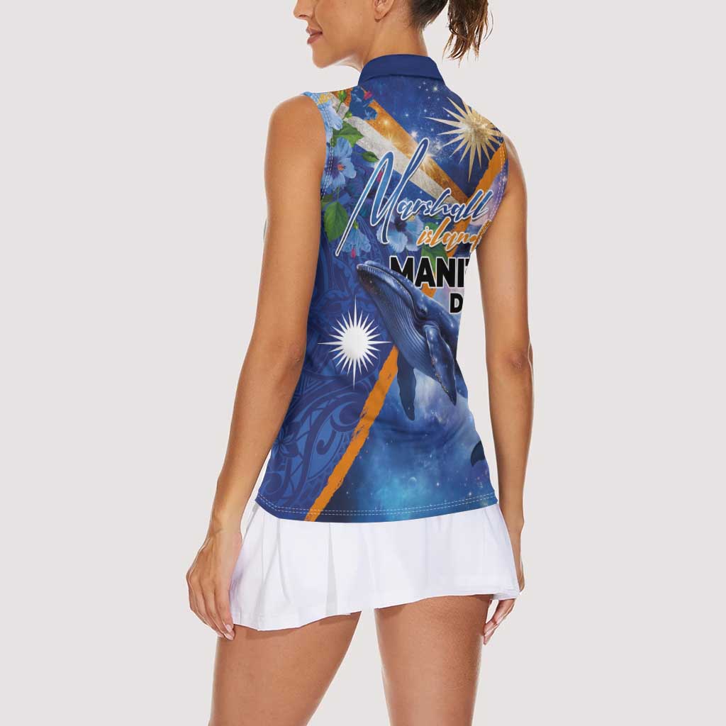 Marshall Islands Manit Day Women Sleeveless Polo Shirt Grunge National Flag with Whales and Tribal Tattoos - Polynesian Pride