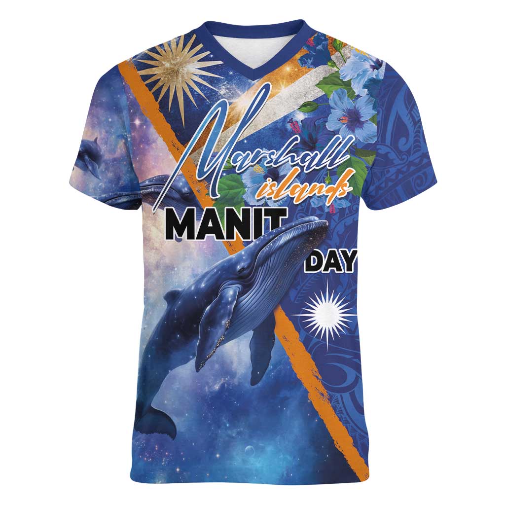 Marshall Islands Manit Day Women V-Neck T-Shirt Grunge National Flag with Whales and Tribal Tattoos - Polynesian Pride