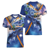 Marshall Islands Manit Day Women V-Neck T-Shirt Grunge National Flag with Whales and Tribal Tattoos - Polynesian Pride