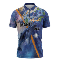 Marshall Islands Manit Day Zipper Polo Shirt Grunge National Flag with Whales and Tribal Tattoos - Polynesian Pride