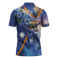 Marshall Islands Manit Day Zipper Polo Shirt Grunge National Flag with Whales and Tribal Tattoos - Polynesian Pride