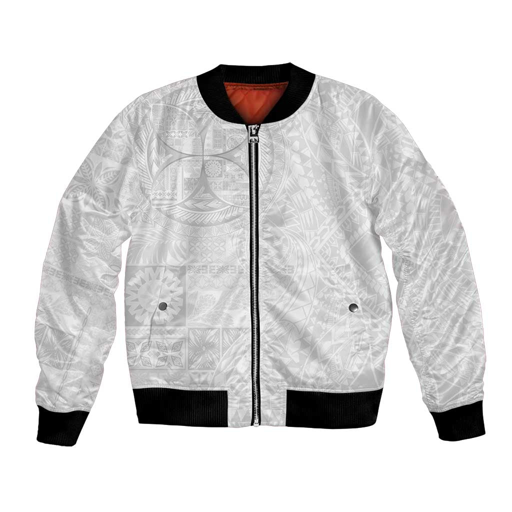 Samoan Culture-Lotu Tamaiti Bomber Jacket Siapo and Polynesian Art Tattoos LT03 Unisex White - Polynesian Pride