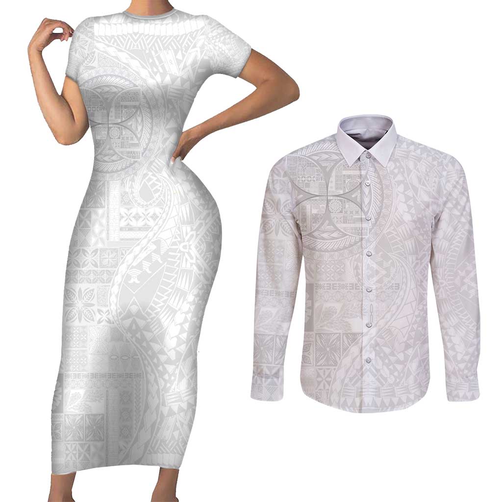 Samoan Culture-Lotu Tamaiti Couples Matching Short Sleeve Bodycon Dress and Long Sleeve Button Shirt Siapo and Polynesian Art Tattoos - Polynesian Pride