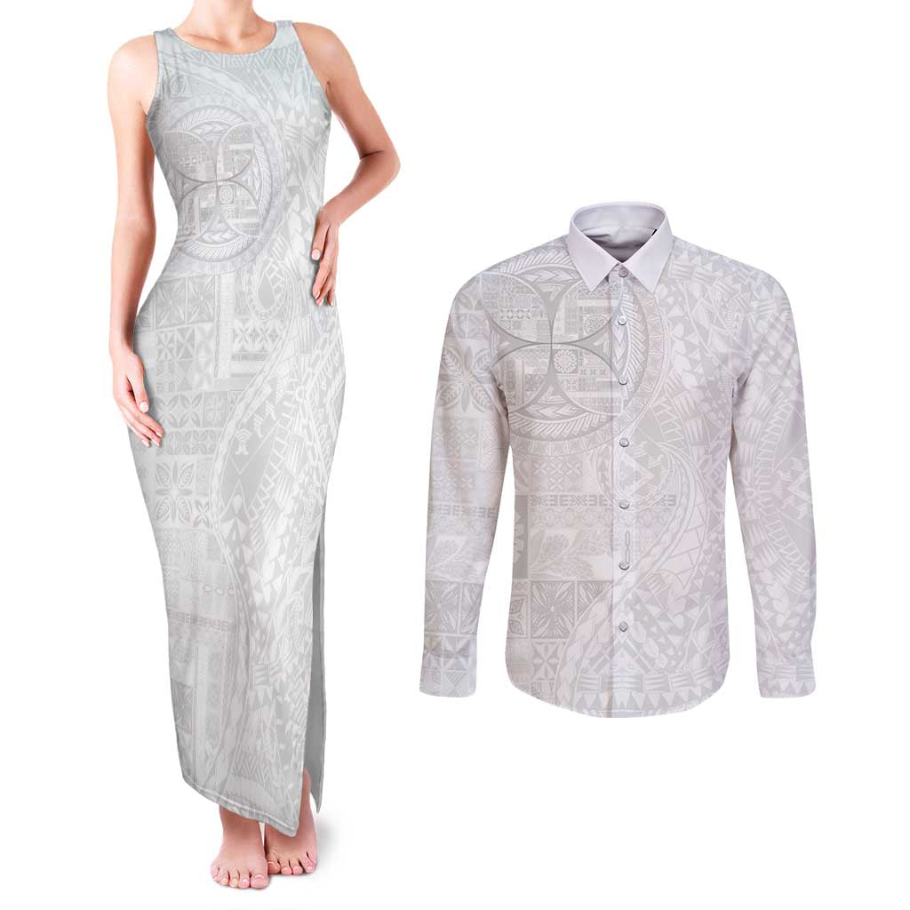 Samoan Culture-Lotu Tamaiti Couples Matching Tank Maxi Dress and Long Sleeve Button Shirt Siapo and Polynesian Art Tattoos - Polynesian Pride