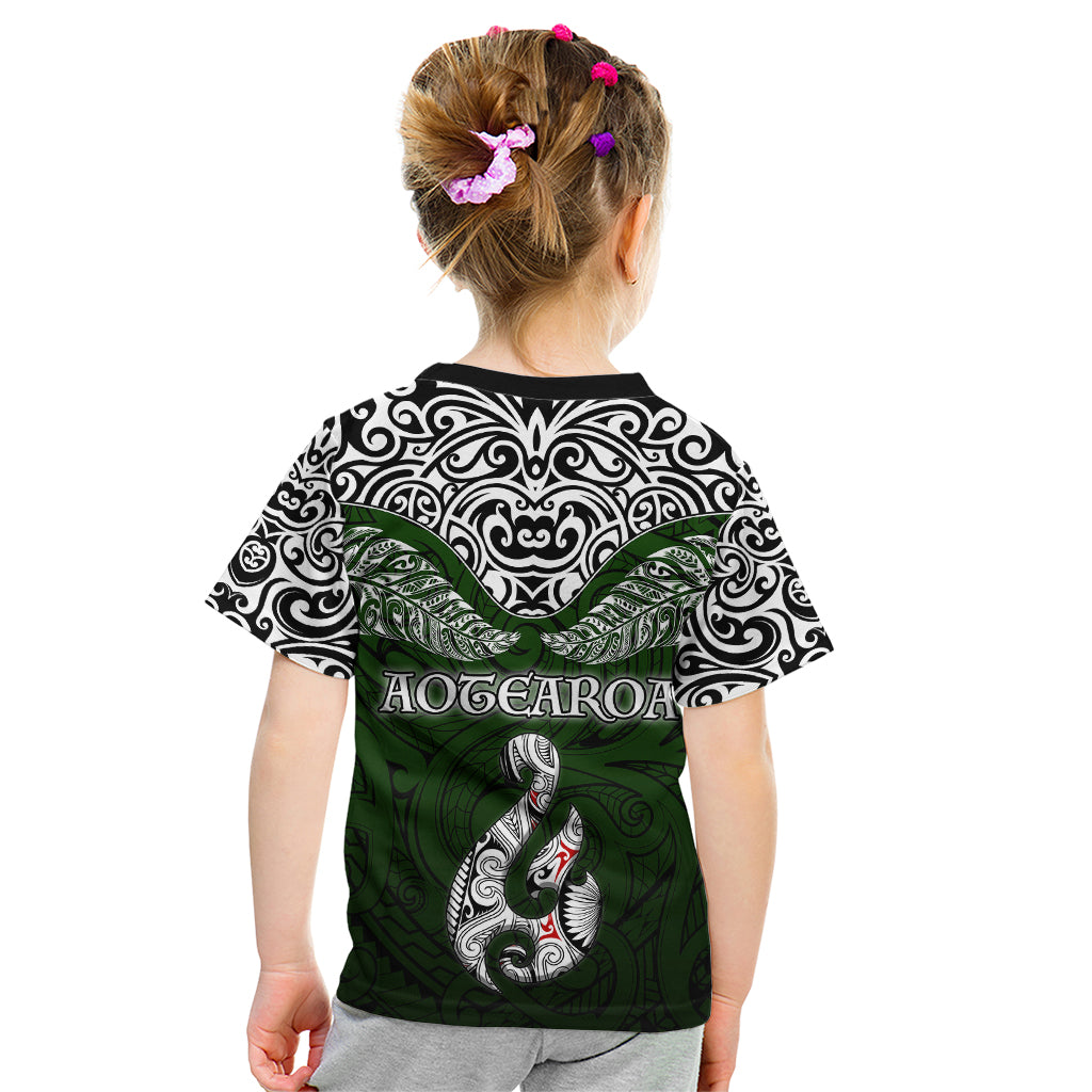 Aotearoa New Zealand Kid T Shirt Silver Fern and Matau with Maori Tribal Green Style LT03 - Polynesian Pride