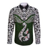 Aotearoa New Zealand Long Sleeve Button Shirt Silver Fern and Matau with Maori Tribal Green Style LT03 Unisex Green - Polynesian Pride