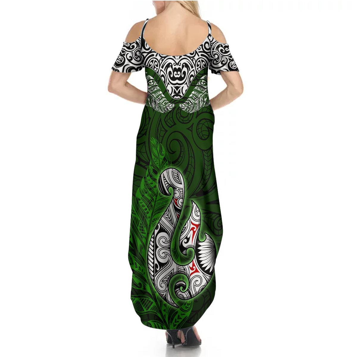 Aotearoa New Zealand Summer Maxi Dress Silver Fern and Matau with Maori Tribal Green Style LT03 - Polynesian Pride