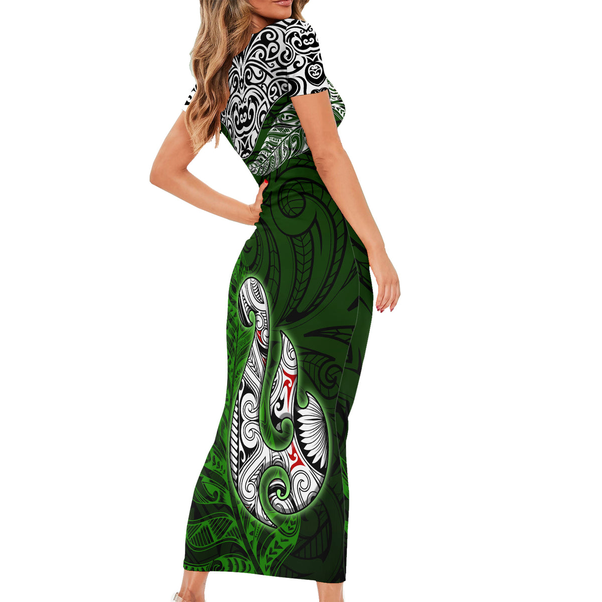 Custom Aotearoa New Zealand Short Sleeve Bodycon Dress Silver Fern and Matau with Maori Tribal Green Style LT03 - Polynesian Pride