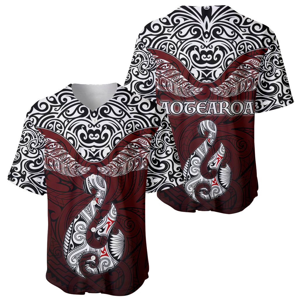 Aotearoa New Zealand Baseball Jersey Silver Fern and Matau with Maori Tribal Red Style LT03 - Polynesian Pride
